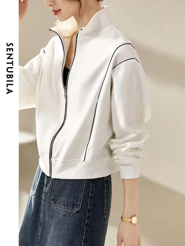 SENTUBILA Casual Cutting Jacket for Womens SpringSummer Fashion Loose Stand Collar Zipper White Coat 131W45929 250407