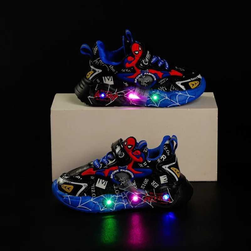 LED casual sports shoes red black suitable for Spring Boys Spiderman outdoor sports shoes childrens light non slip shoes size 21-30 W250407