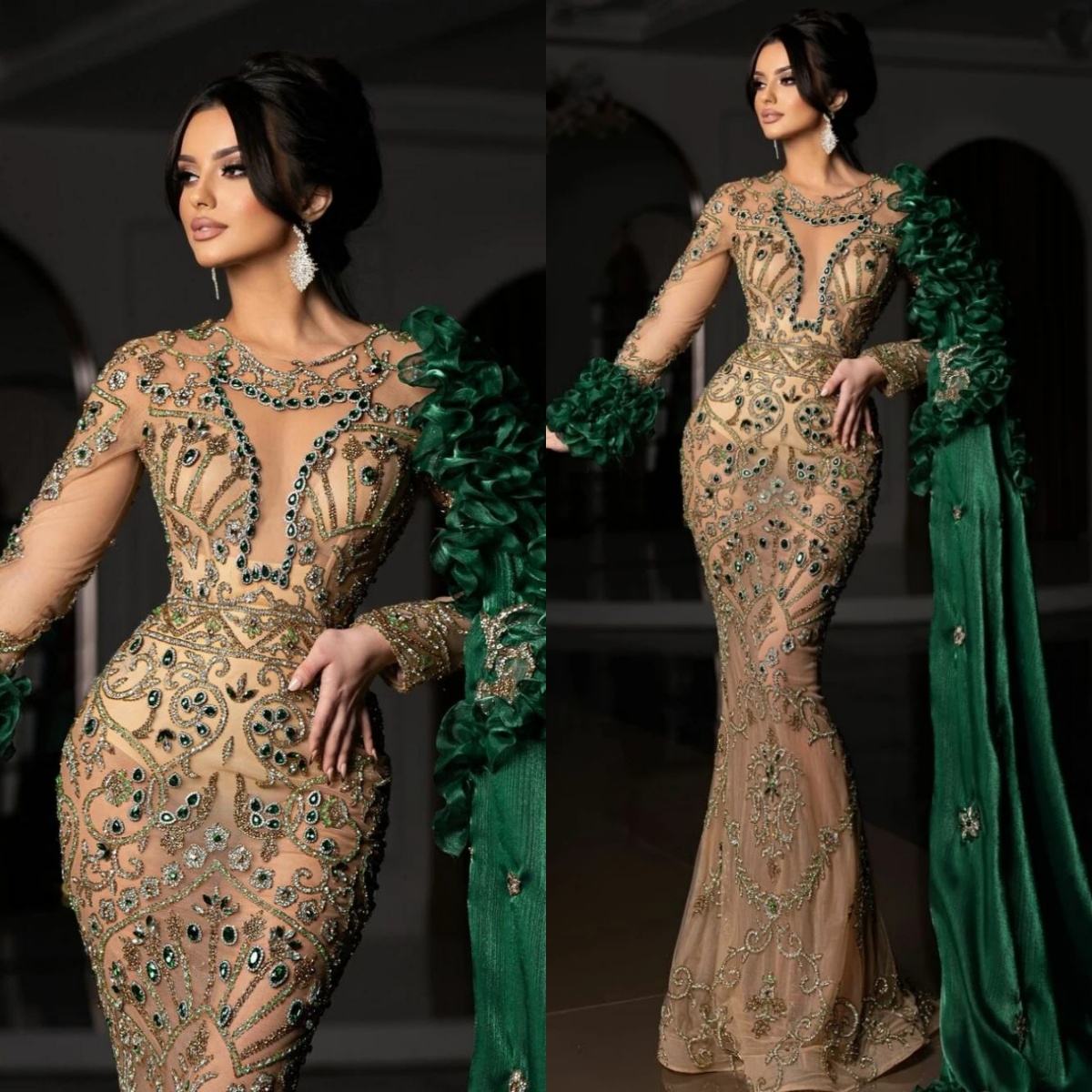 Vintage Crystal Evening Dresses Beading Illusion Mermaid Prom Gowns Ruffle Sleeves See Through Customized Sweep Train Princess Formal Occasion Party D