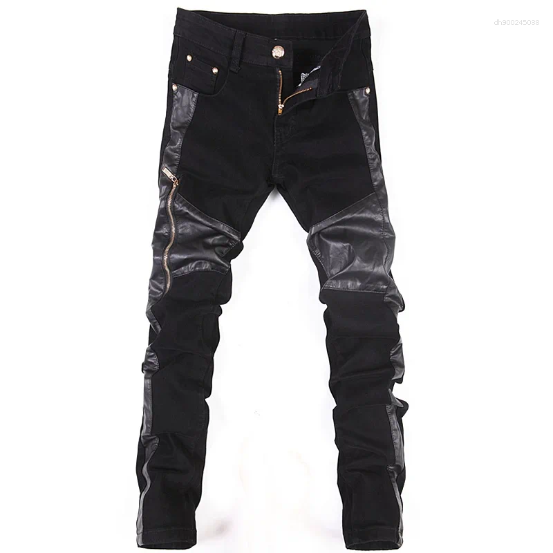 Zipper Splicing Leather Pants Long Pencil Slim Spring Hole Fashion Thin Skinny Men Hiphop Trousers