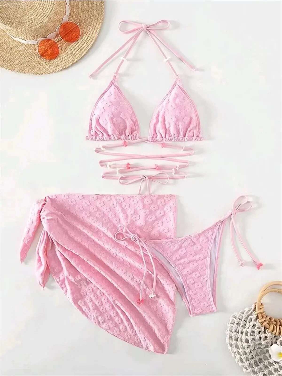 Dongdumaoyi Mesh Skirt Pleated Bikini Set Women Blue White Floral Designer Criss Cross Swimsuit Piece Bathing Suit Cover Up Swimwear