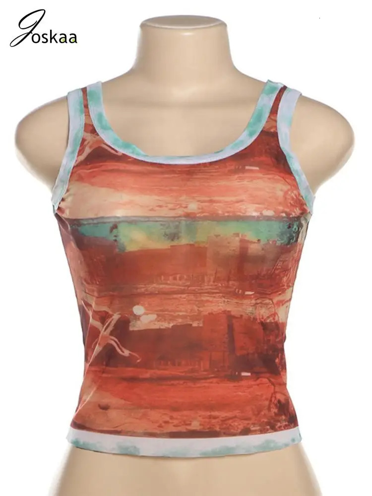 Joskaa Fashion 3D Printed Mesh Y2K Camisole Women Trend Summer O-Neck Sleeveless Slim Crop Tank Tops Graphic Tees Streetwear 250407
