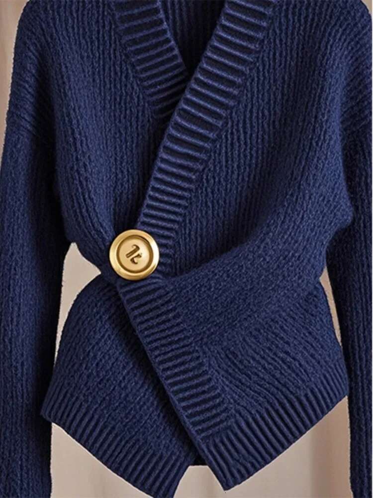 Navy Blue Irregular V-Neck Sweater For Autumn And Winter Women's Clothing 2024 New Collection Cool Style High-End Slim Fit Top