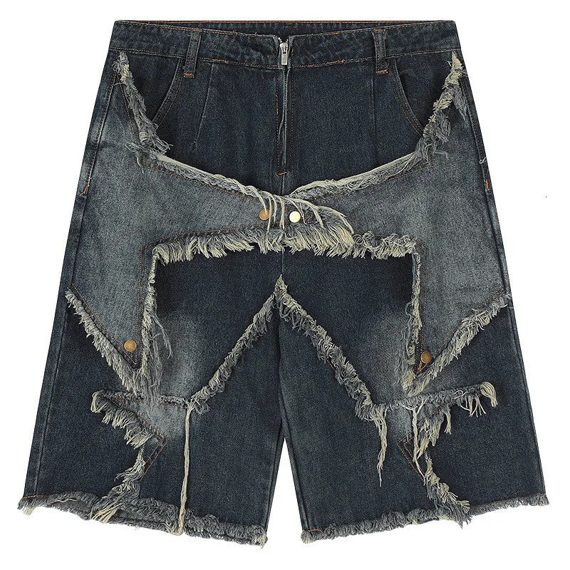 Harajuku retro functional embroidered star pattern denim shorts mens oversized sunshine Bermuda casual shorts university shorts Y2K 250402