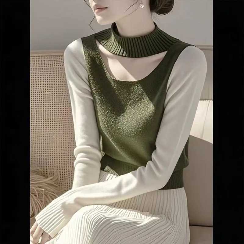 2025 Autumn Winter New Hollow Out Fashion Patchwork Knit Pullovers Women Clothing Vintage All-match Half High Collar Sweaters C251110