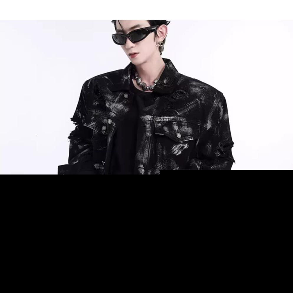 High street American style cool and bold ink jacket mens suit street fashion brand hip-hop loose casual workwear denim suit240903