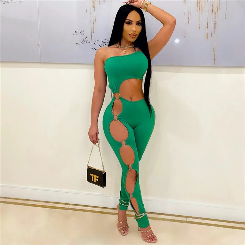 Sexy One Shoulder Bodycon Jumpsuit Women Sleeveless Solid Hollow Out One Pieces Romper Night Party Club Birthday Outfits Catsuit 250407