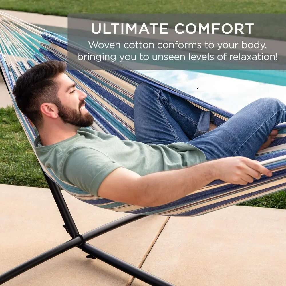 Double Hammock with Steel Stand, Indoor Outdoor Brazilian-Style Cotton Bed w/Carrying Bag, 2-Person Capacit