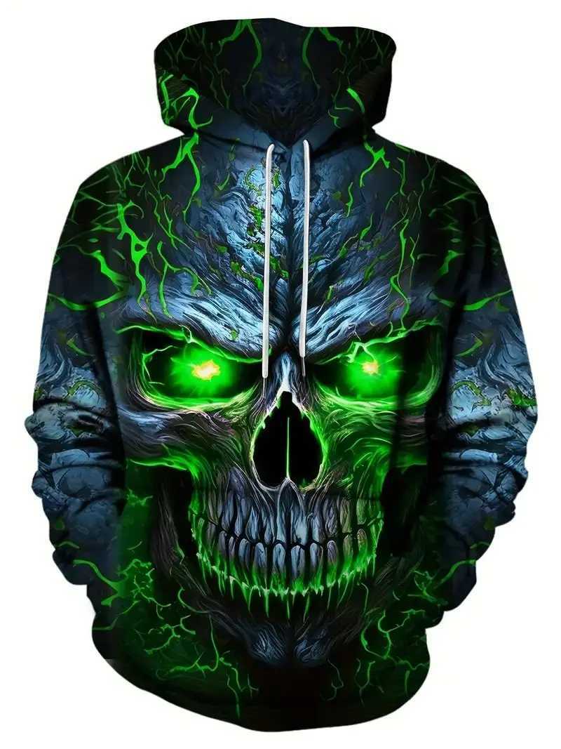 Casual mens hooded sweatshirt 3D printed with a burning skull graphic drawstring over large hooded sweatshirt lapel sweater autumn top W250408