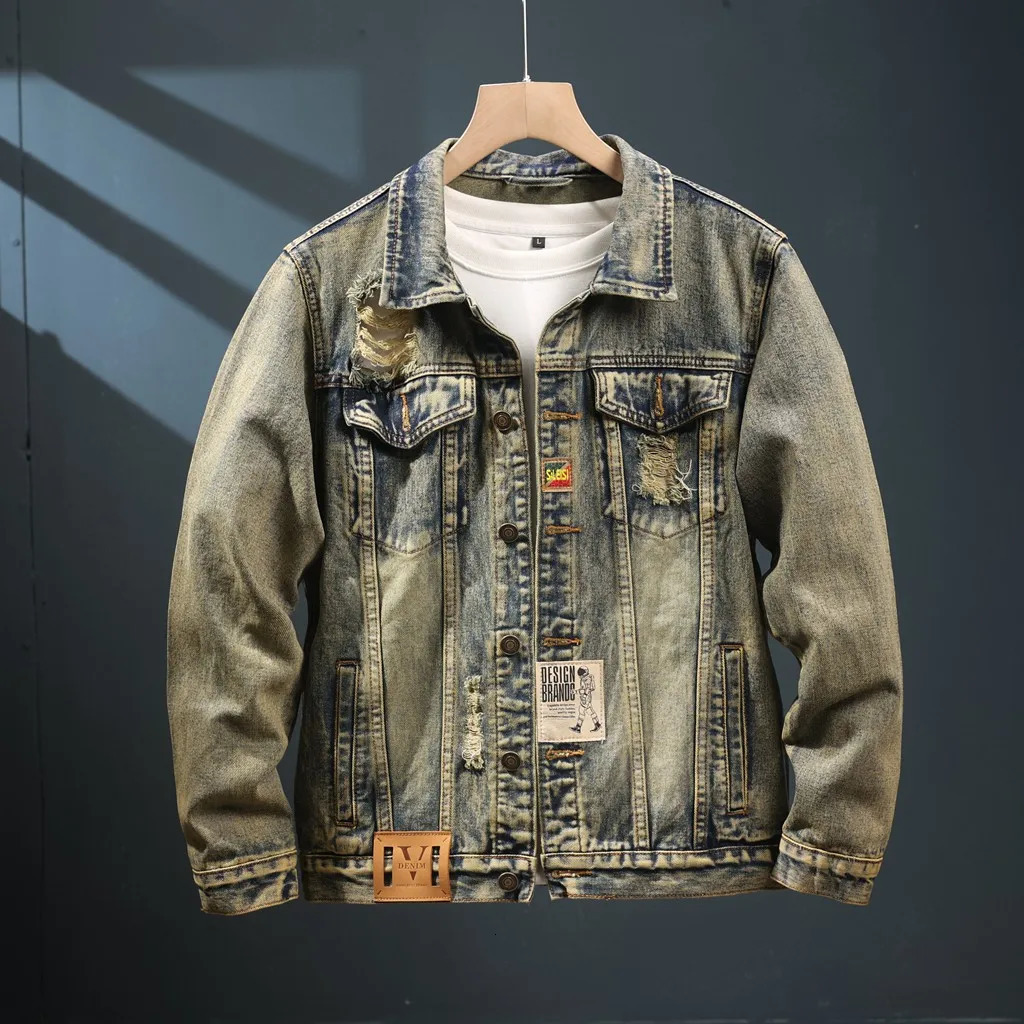 Open collar denim jacket mens vintage spring and autumn ripped streetwear rock hiphop casual motorcycle jeans freight 250407