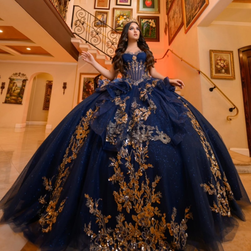 Navy Blue Shiny Princess Quinceanera Dresses Off Shoulder Beads Gold Applique Lace Tull Corset Sweet 16 Dress Ball Gown Vestidos 15 De Anos
