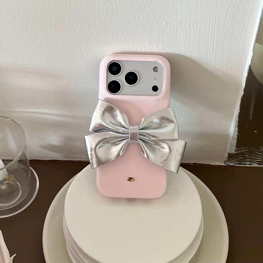 Leather Pink Bowknot Phone Case Compatible with iPhone 17 Pro Max Simple Solid Color Case iPhone 16/15 Pro Cartoon