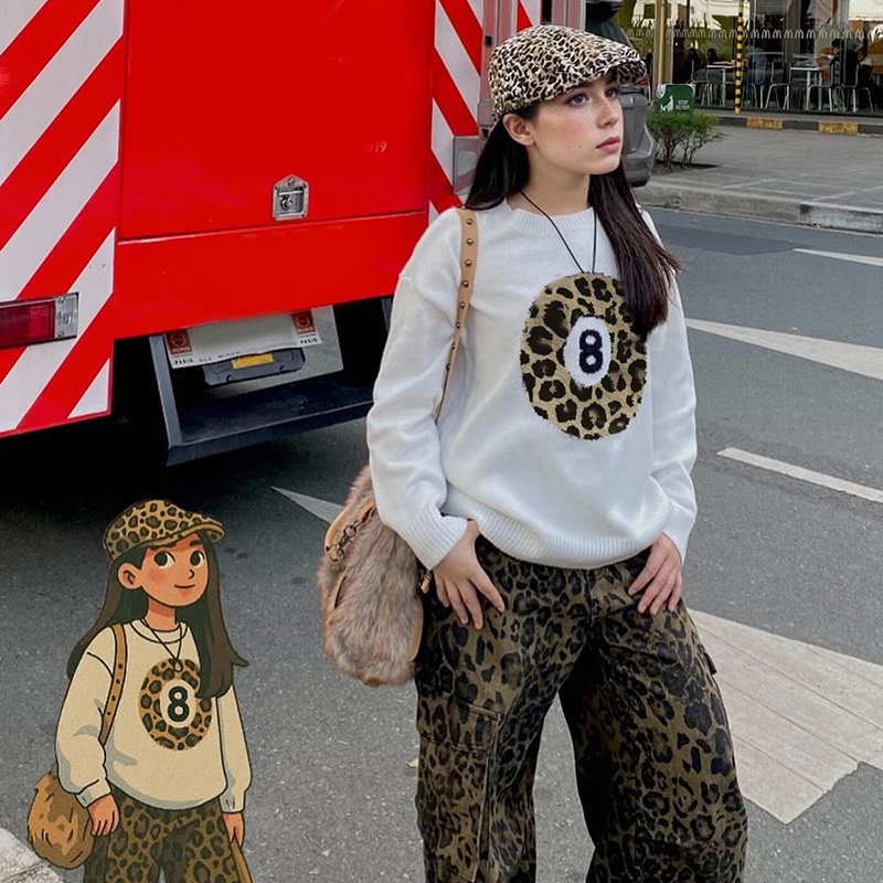 Women's color-blocked sports sweater, round-neck long-sleeve top, leopard print black eight pattern, for sports and outdoor activities---SSJ029