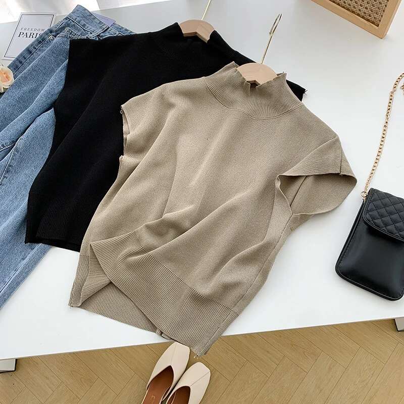 Fashion Vest Shirt Solid Stand-Up Collar Knitted Sweater Short Sleeve Office Lady Loose Elegant All-Match Straight Tops 20397