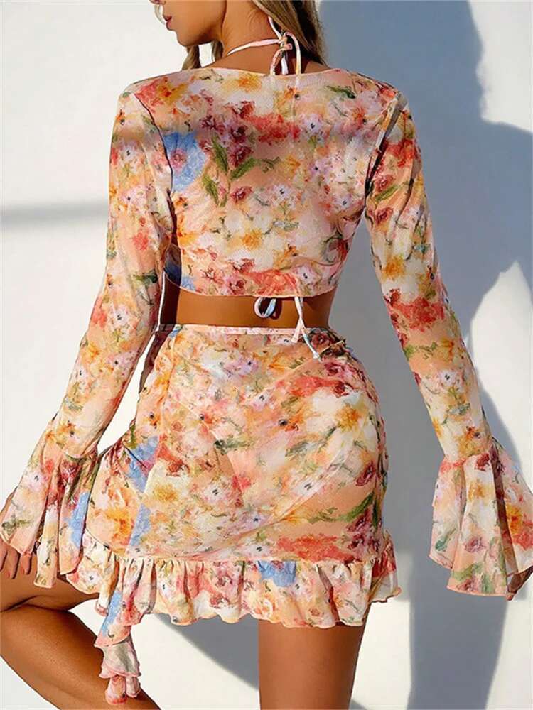 Dongdumaoyi Piece Bikini Set Women Orange Floral Print Long Sleeve Mesh Cover Up Ruffle Skirt Swimsuit Sexy Bathing Suit Swimwear