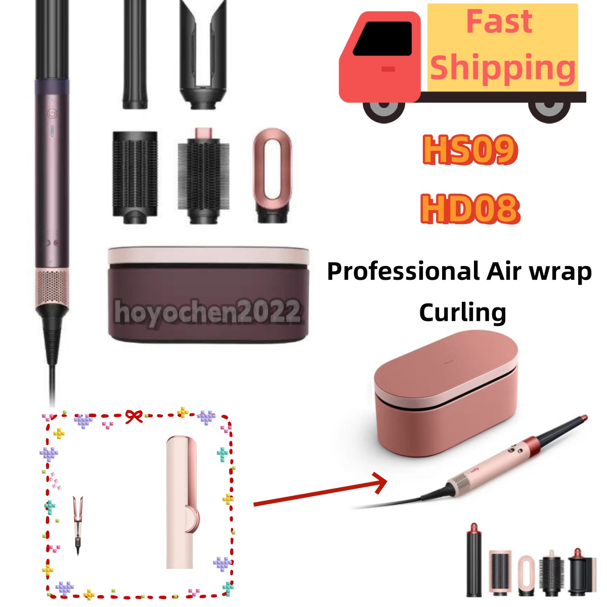 HS09 HS08 High-Powered Professional Ionic Electric Curling Iron with Hair Dryer Combo -Salon Grade HD15, HS01, HS05 Hair Dryer