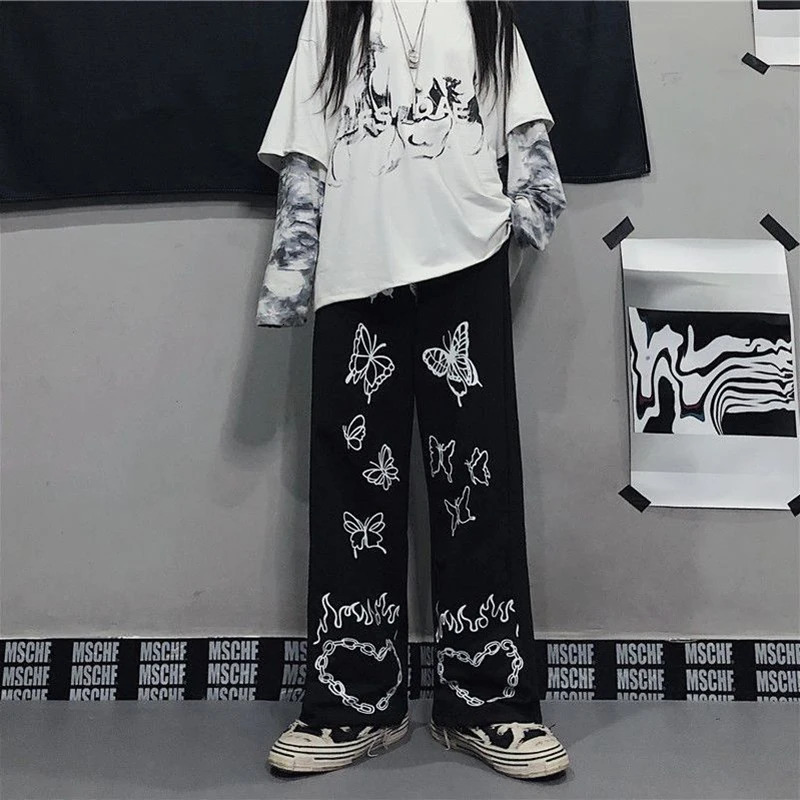 Japanese Y2k Oversize Graphic Wide Sweatpants Men Streetwear Print Casual Track Pants Male Sport Straight Trousers 250407