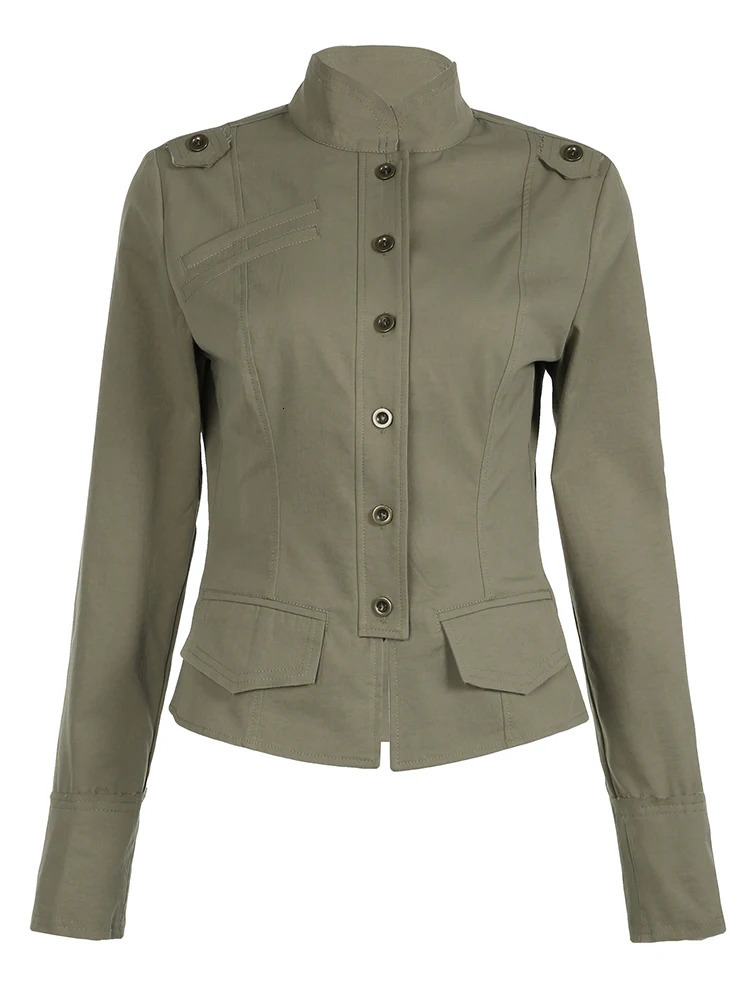 Retro green ultrathin commodity jacket womens button up stand collar long sleeved autumn Korean fashion 250407