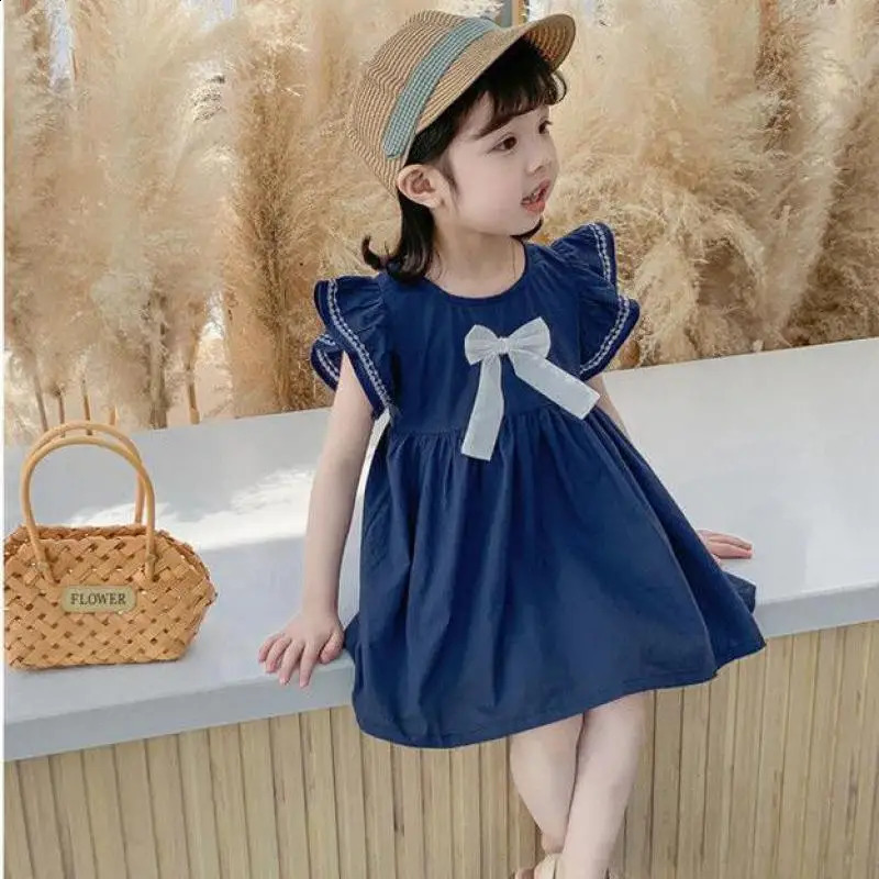 Girls Child Dresses Summer n Costume Kids Solid Color Fashion Skirt With Bow Outdoor Wear Cute Short Sleeve Dress 250408