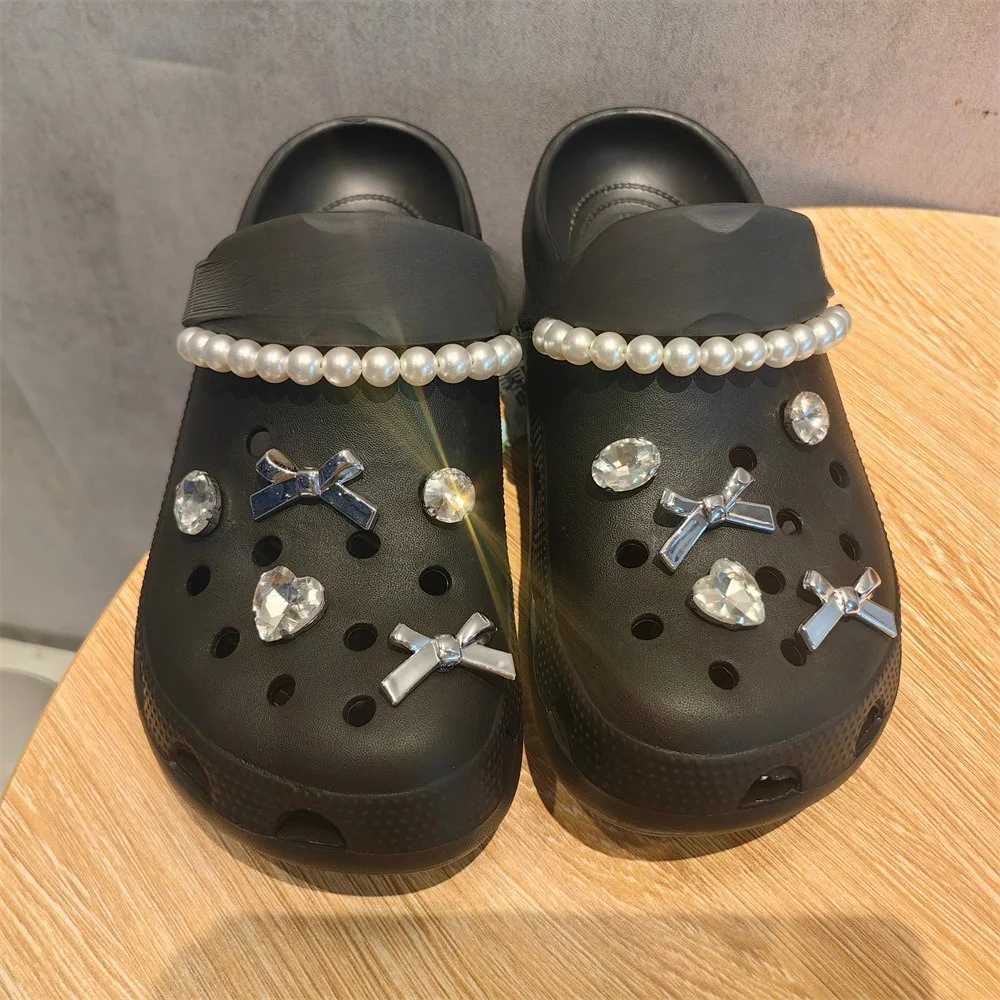 DIY Pearl Rhine River Sier Bow Shoe Decorative Buckle for Charm Hole Shoe Accessories Y250403