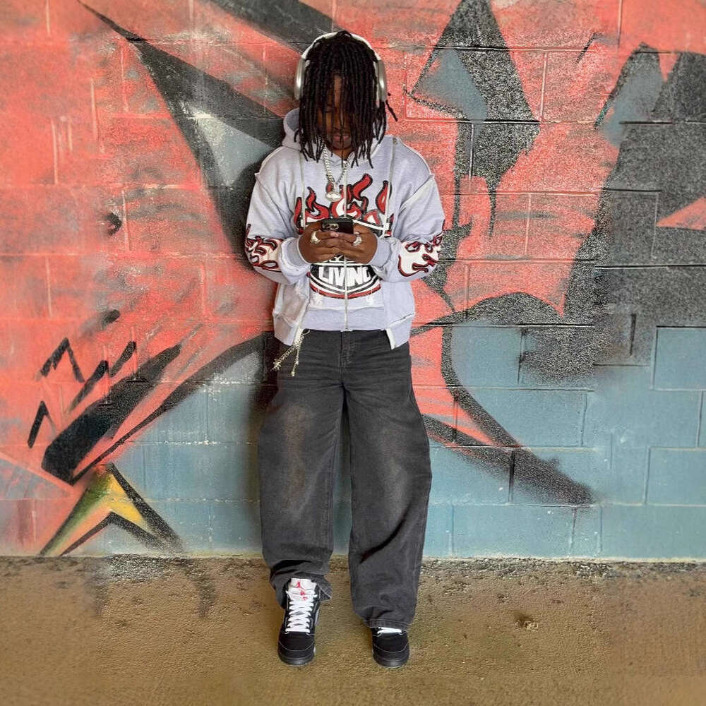 American y2k loose street style unisex spliced flame print pattern pullover hoodie