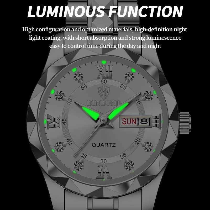 BINBOND 2025 Womens Waterproof Stainless Steel Quartz Watch 2024 Top Luxury Night Glow Date Week Womens WatchT250408