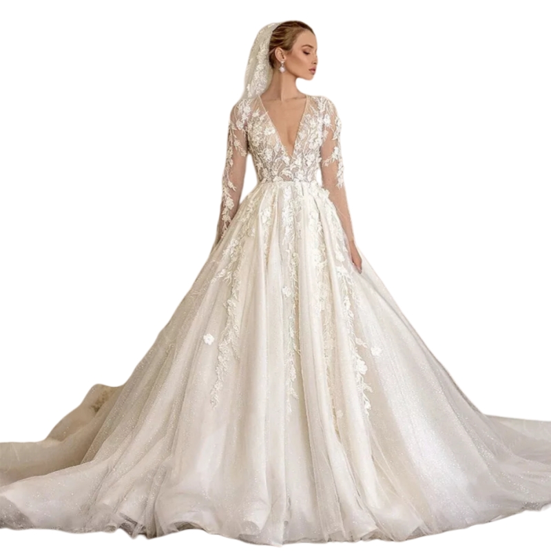 Elegant Ivory Tulle V-Neck Wedding Dress with Lace Appliques Long Sleeves A-Line Bridal Gown with Chapel Train