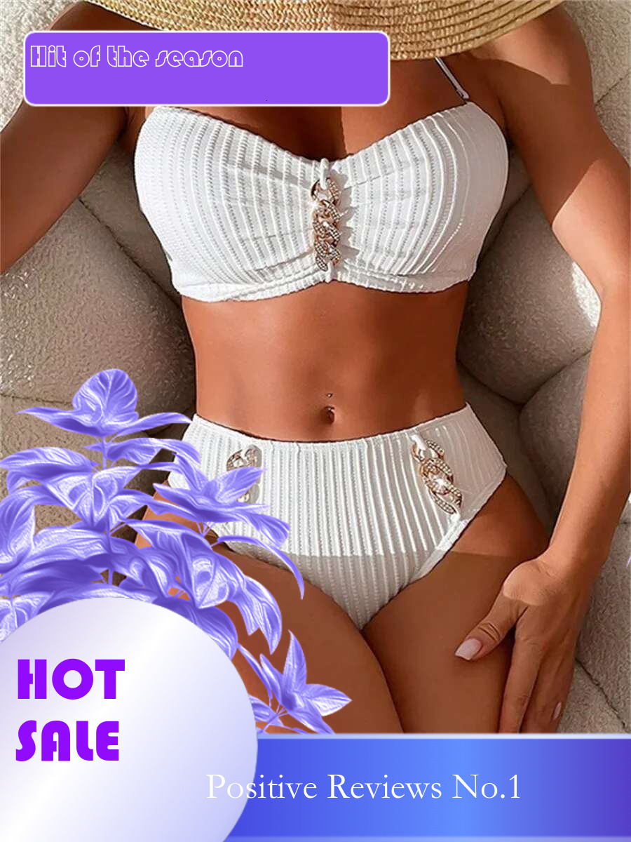 Dongdumaoyi Sexy Rhinestone Bikini Women Luxury White Black Bandeau Push Up Micro Swimsuit Beach Bathing Suit Metal High Waist Swimwear