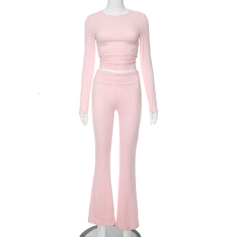 European American women's autumn winter clean color long sleeved fashionable pants two-piece set wholesale, 2025 new item, chic and elegant cloth