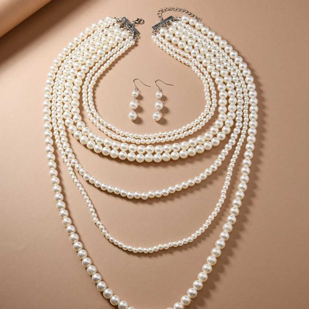 Fashiona Elegant Multi-layer Imitation Pearl Handmade Beaded Statement Necklace Women Wedding Party Accessories Sweater ChainC250407