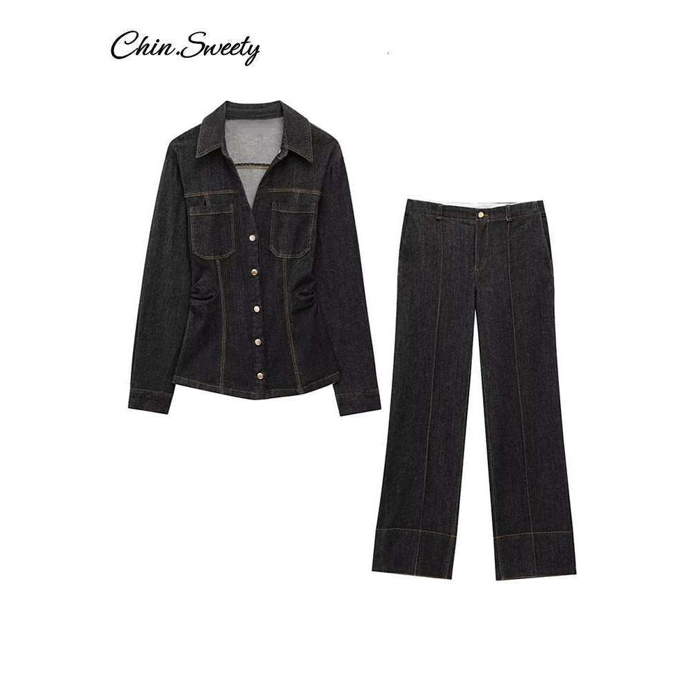 Denim Jeans Suits Women Waist Up Lapel Single Breasted Long Sleeve Coat Wide Leg Pants Spring Pleat High Street Sets 2 Pieces