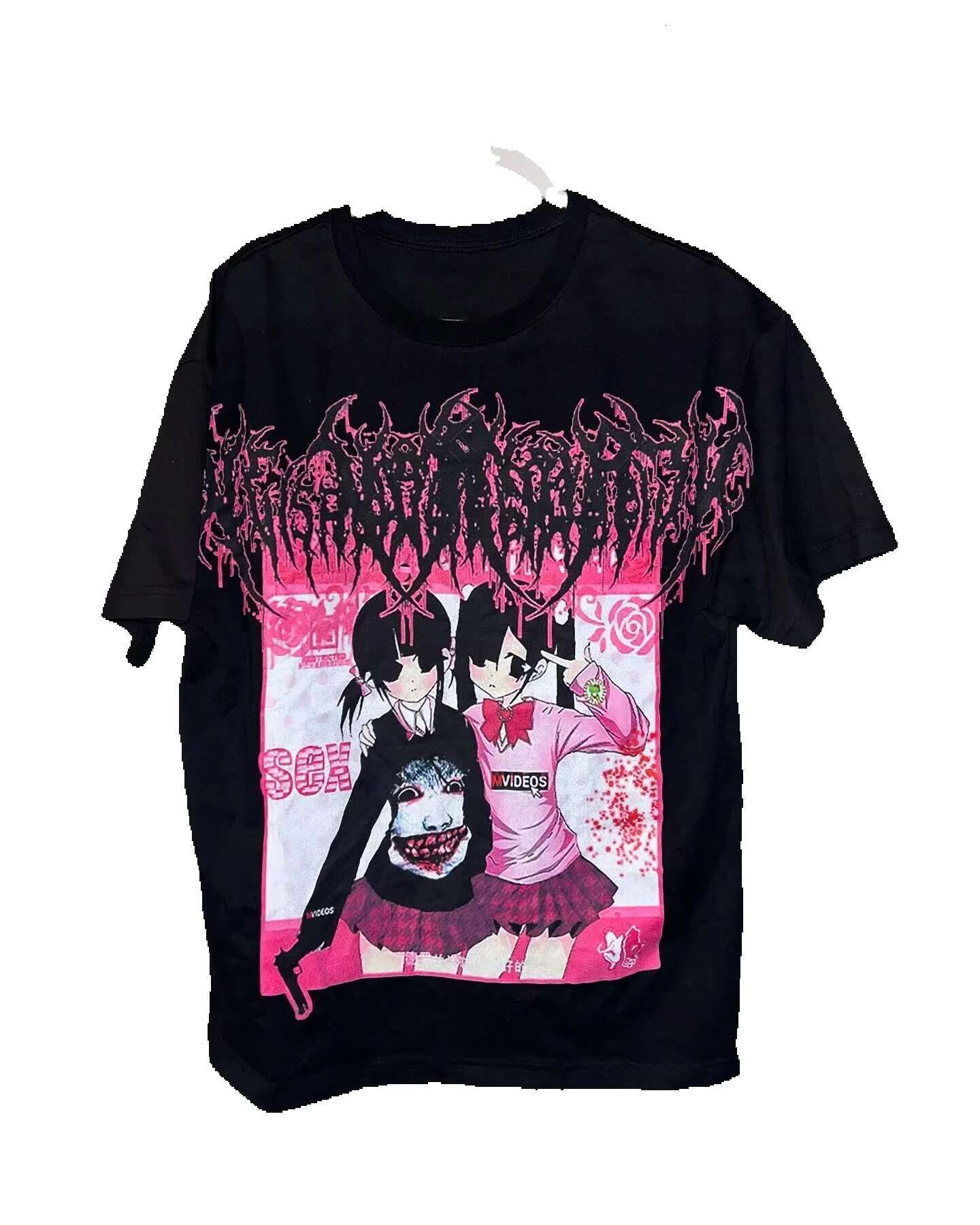 Haruku Retro Drolandmill Face Printed Gothic Style Pattern Children's Street Clothing Y2K Top Men's T-shirt