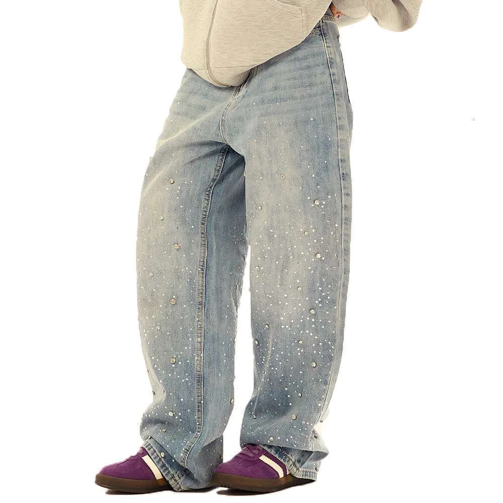 Rhie Washed Distressed Jeans Mens High Street Loose Straight Wide Leg Pocket Denim Pants Men Trousers