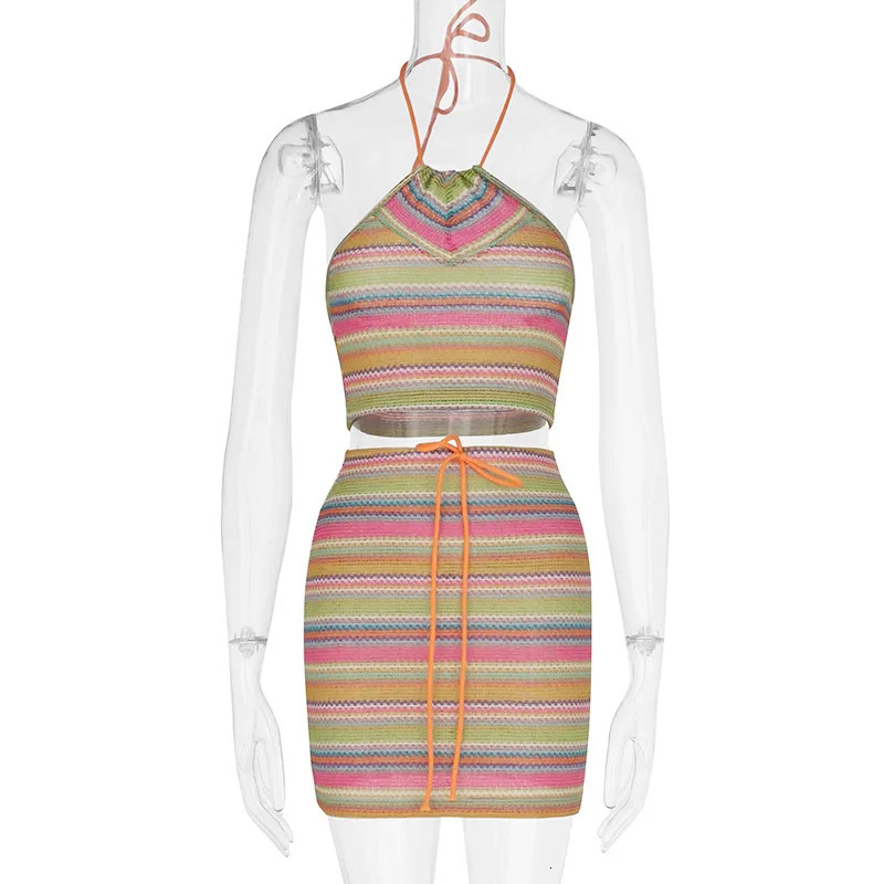 American Womens Fashion Print Halter Ins Small Vest Bag Hip Skirt Suit Sexy Color Halter Suit Seaside Holiday Wear 250408