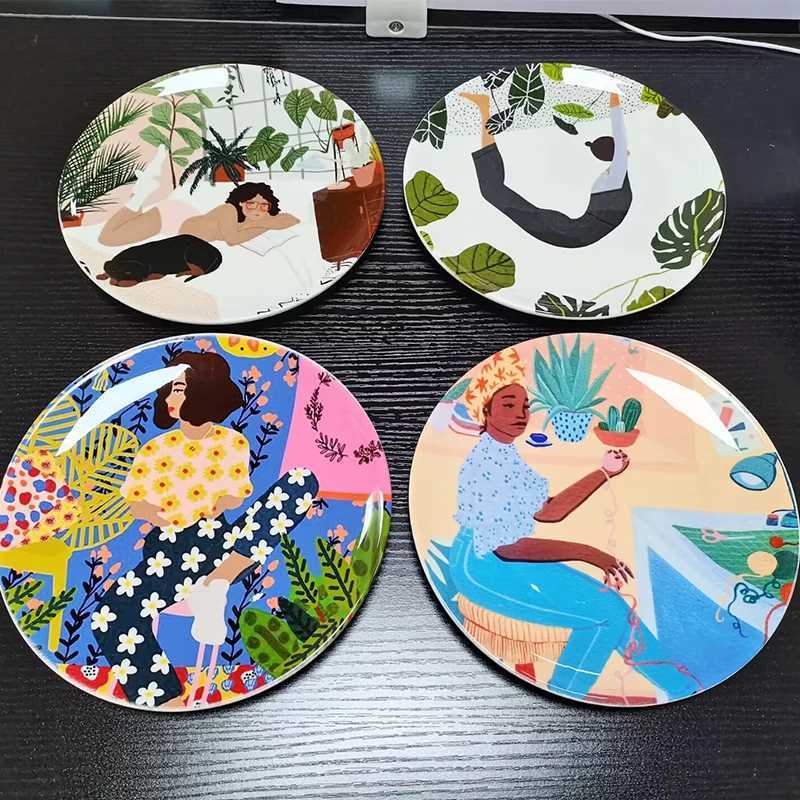 Female Art Printing Board Creative Plant Enthusiast Gift Decorative Plate Ceramic Round Girl Drawing Illustration Tray Swinging Board X250408