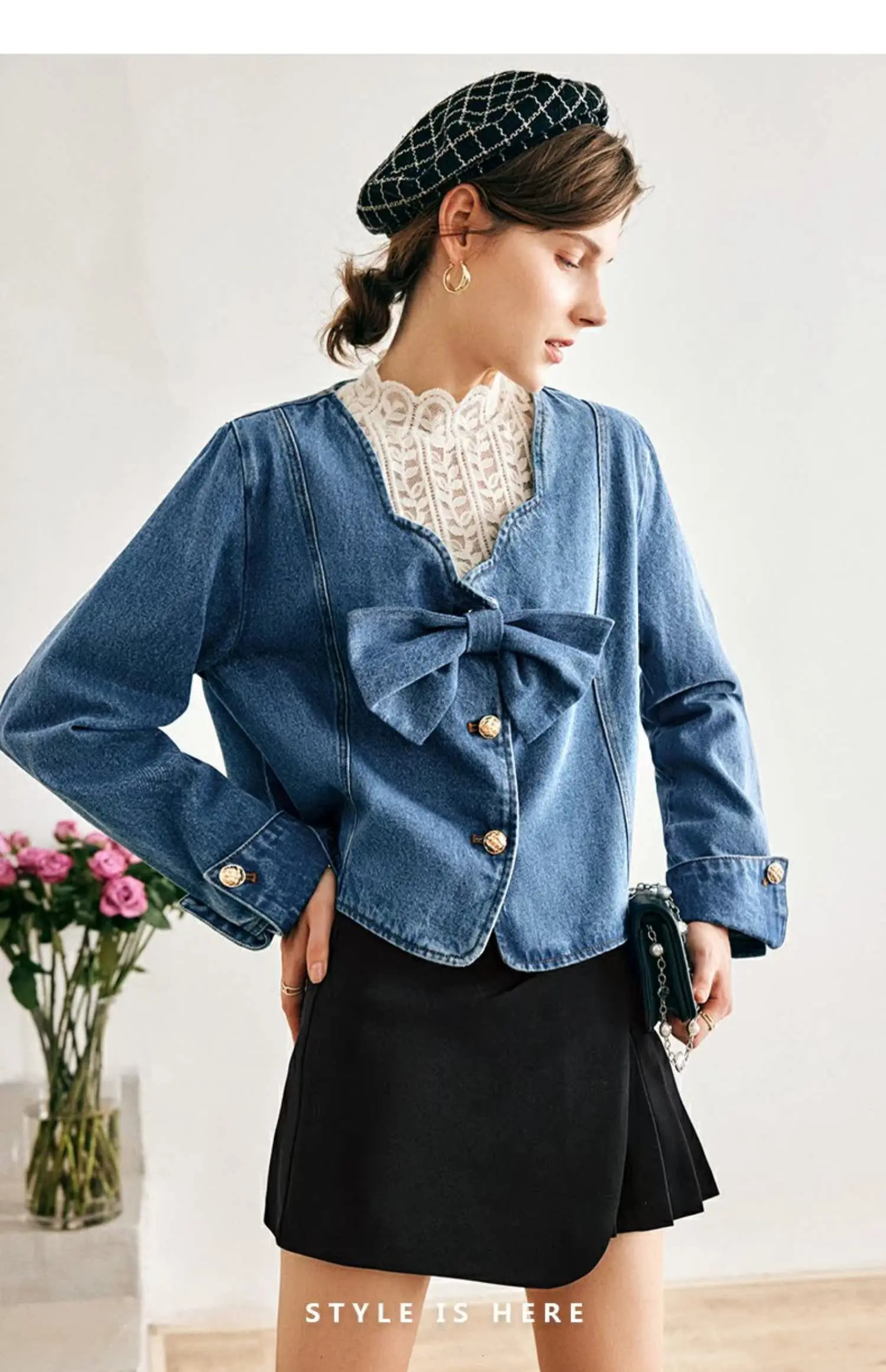 OLrain denim womens jacket spring cotton Petal collar metal bow long sleeved retro O22QW65202 250407