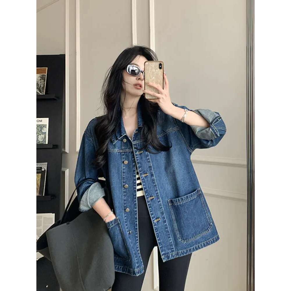 Simple Casual Loose Denim For Women Large Pockets Retro Turn Down Collar Long Sleeve All Match Jacket Coats Chic