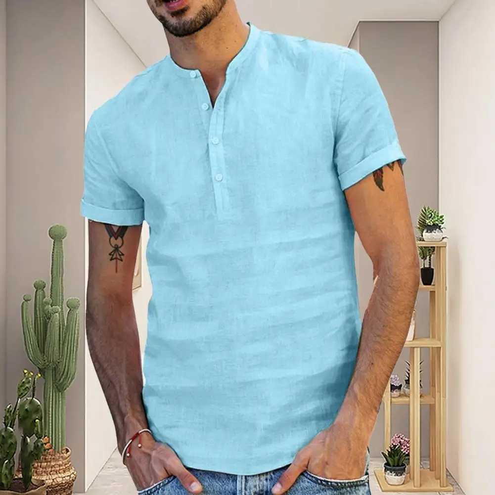 Summer new mens solid color short sleeved T-shirt cotton linen LED casual mens T-shirt mens breathable topXJ250407