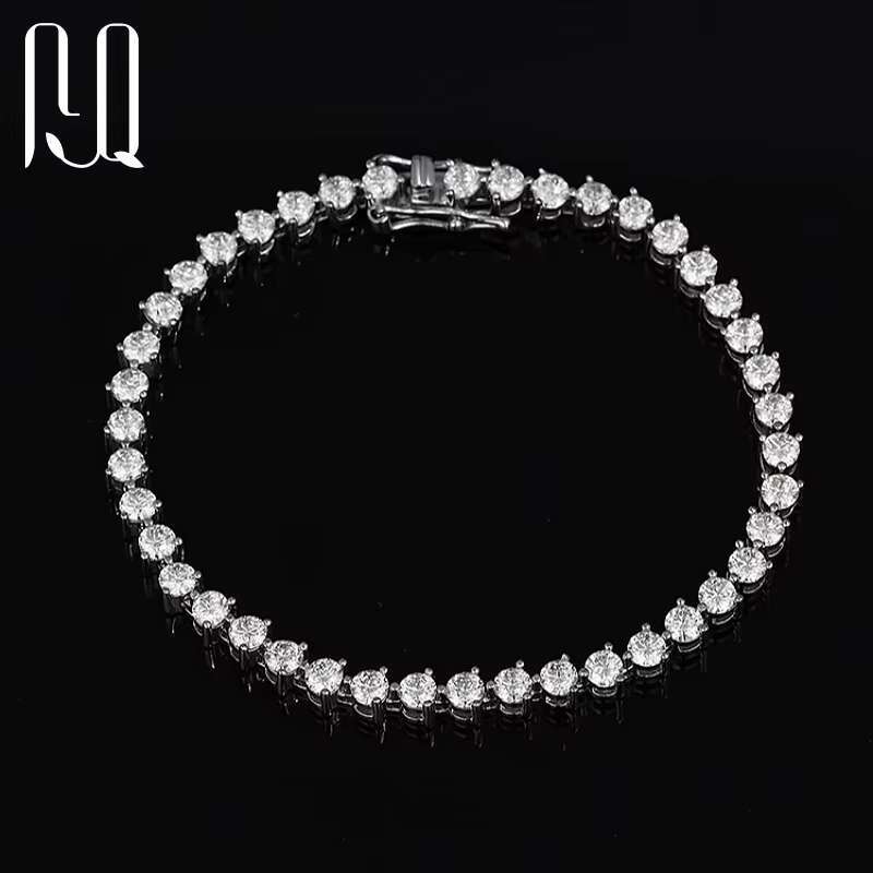 PYQ Classic 18K White Gold Plated S925 Silver Tennis Bracelet 3/4/5mm Three Prong Moissanite VVS Grade with GRA Certificate
