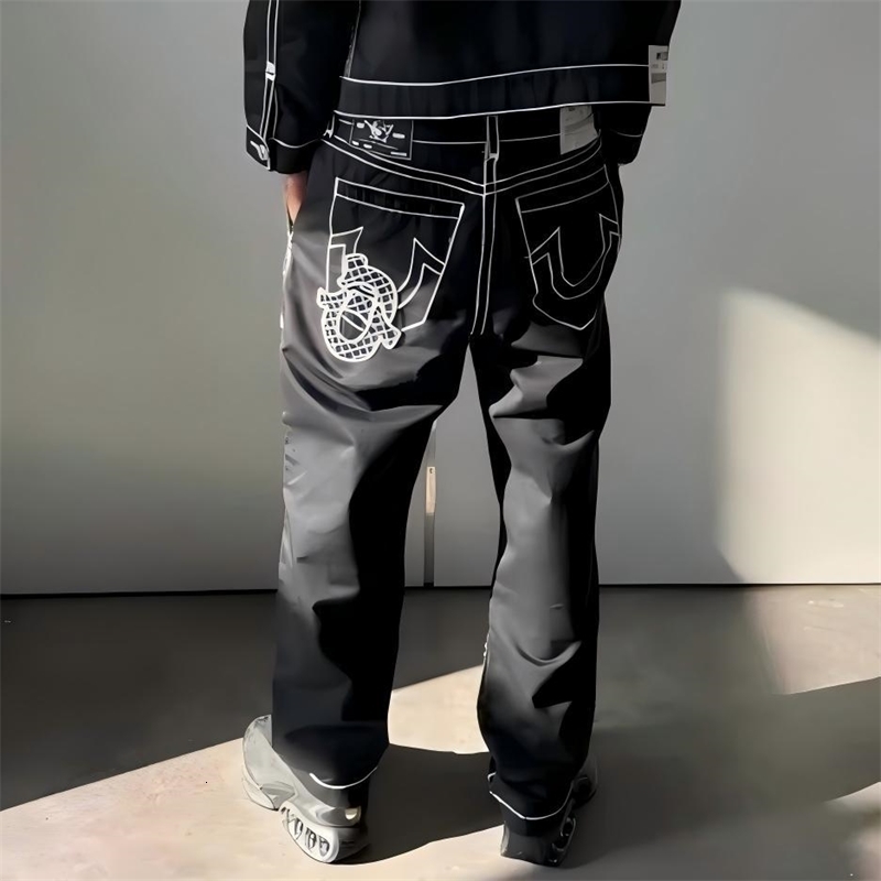 Harajuku Hip Hop Pocket Embroidery Baggy Jeans Vintage Buddha Jeans Men Women Streetwear Low Waist Wide Leg Trouser Y2K Clothing 250407