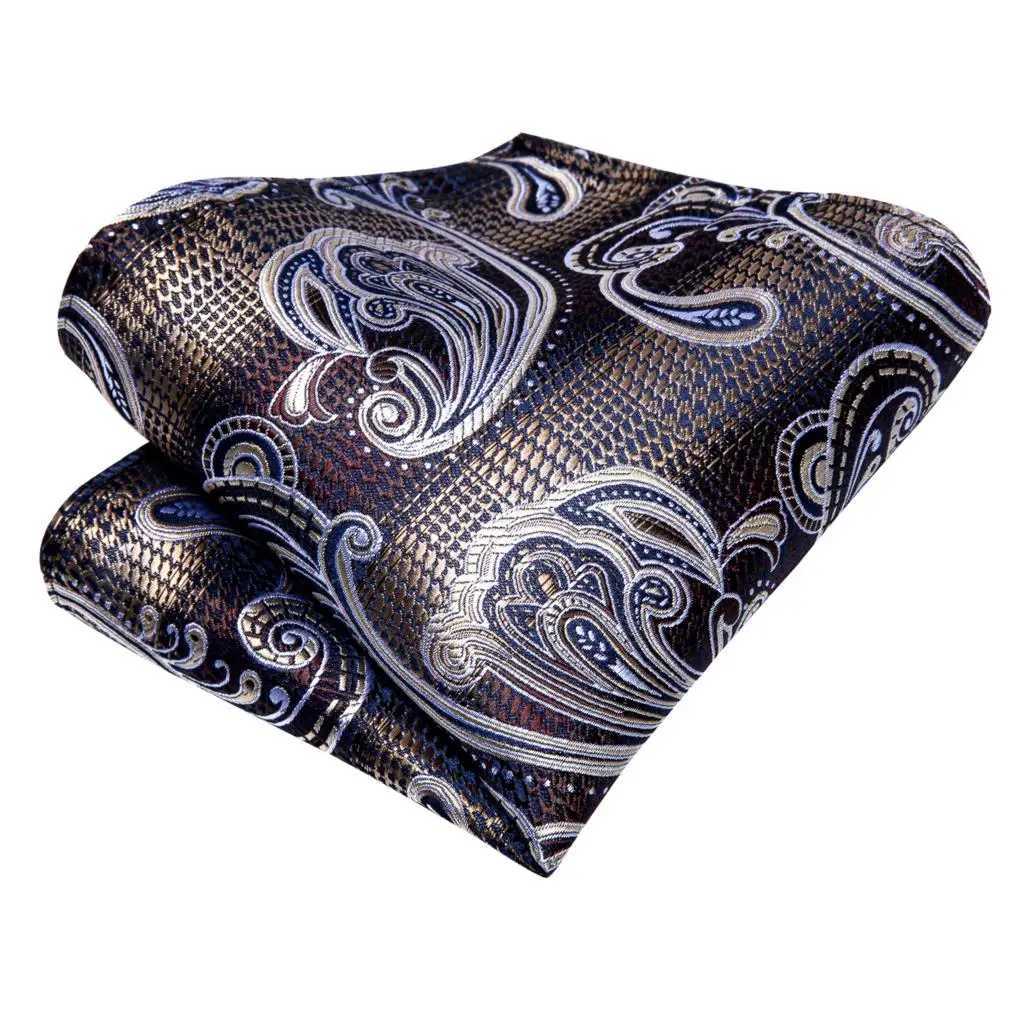 Hi-Tie Paisley Brown Tie For Men Elegant Mens Necktie Pocket Square Cufflink Gro Wedding Accessory Wholes New Designer X250407