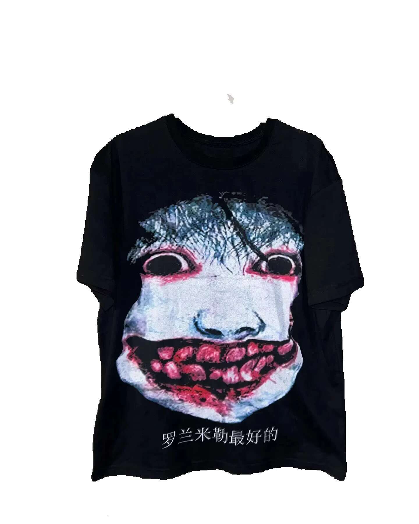 Haruku Retro Drolandmill Face Printed Gothic Style Pattern Children's Street Clothing Y2K Top Men's T-shirt