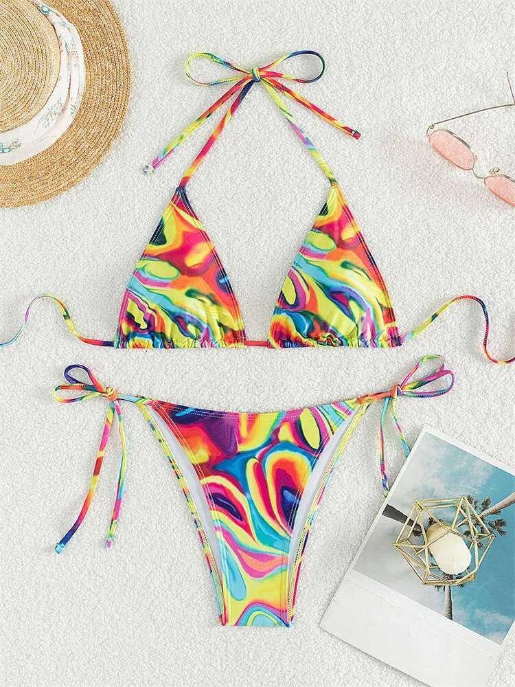 Dongdumaoyi Sexy Abstract Print Micro Bikini Women Halter Yellow Tie Dye Gradient Push Up Triangle Swimsuit Beach Bathing Suit Swimwear