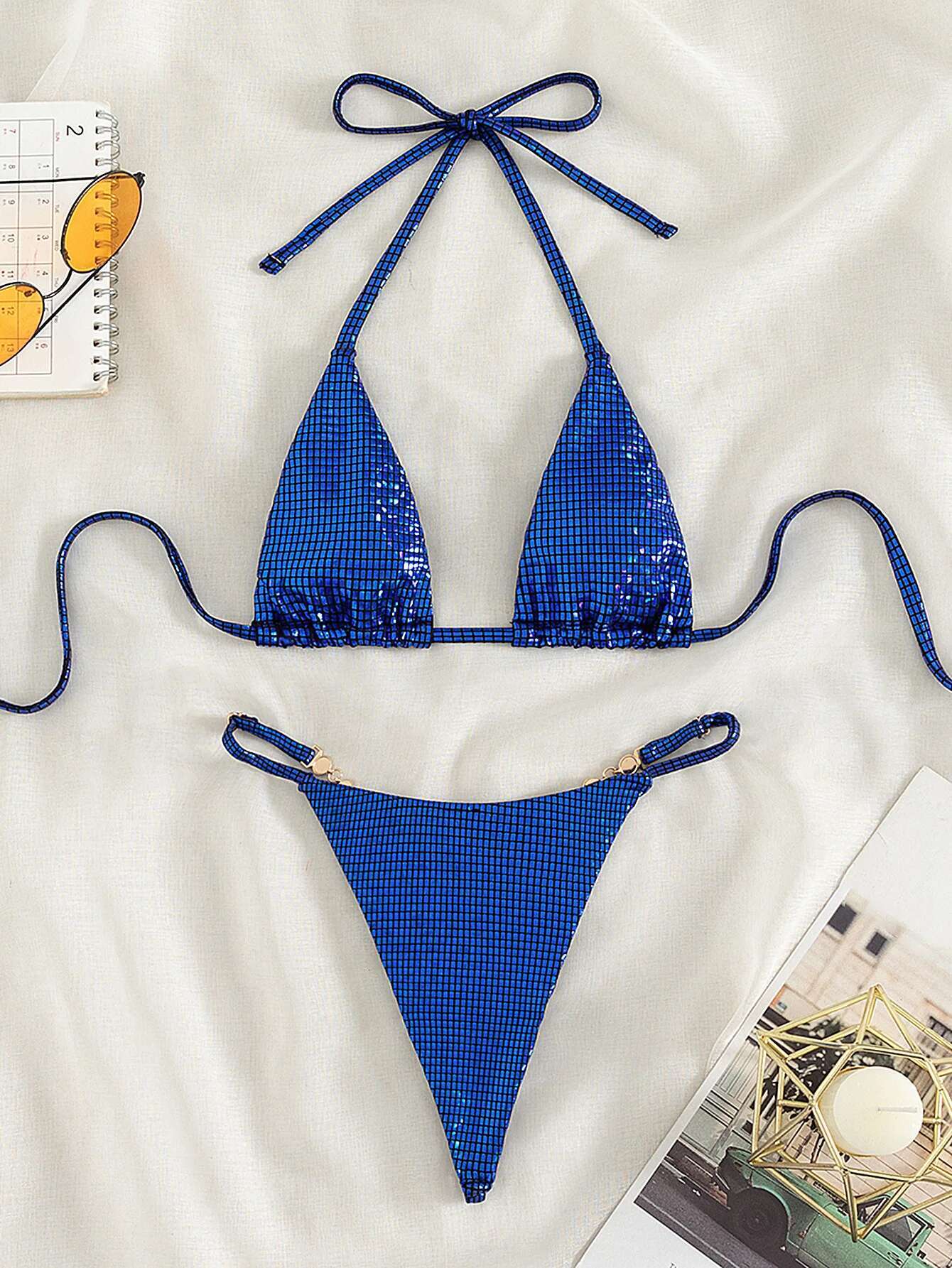 Dongdumaoyi Luxury Jewelled Rhinestones Bikinis Sets Women Shiny Sequin Blue Gold Triangle Swimsuit Brazilian Bathing Suit Swimwear