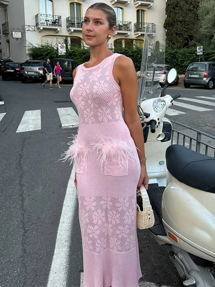 Elegant Knitted Dress Womens Sleeveless Hollow Feathered Womens Mermaid Dress Summer Slimming Hip Set Patchwork Womens Robe 250402
