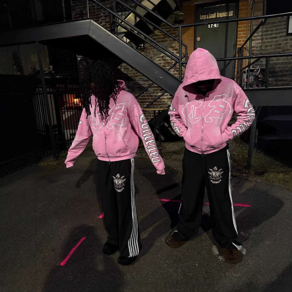 American embroidery, street hole design, unisex pink three-dimensional printed fashionable hooded sweatshirt