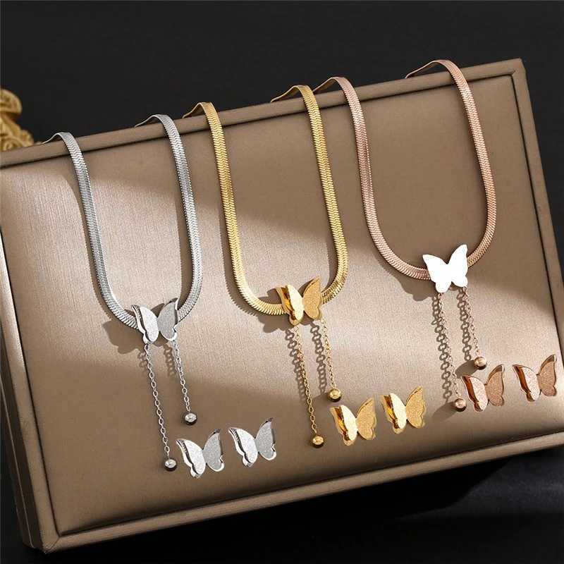 316L Stainless Steel Double-layer Snake Bone Chain Frosted Tassel Butterfly Pendant Necklace Earring For Womens Jewelry Set Y250408