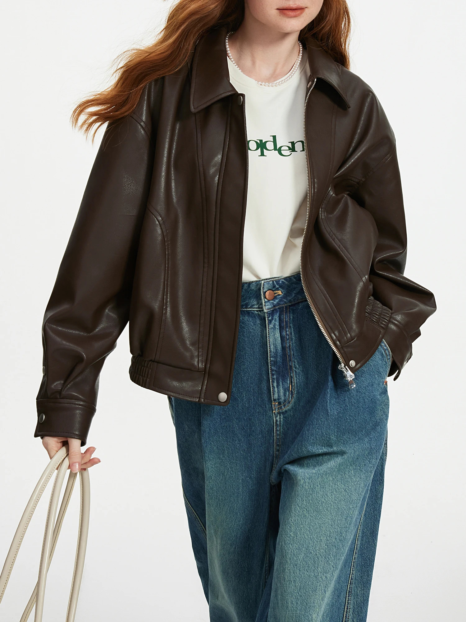 FSLE 2 colors womens PU leather short sleeved lapel casual down jacket loose office 24FS13366 250407