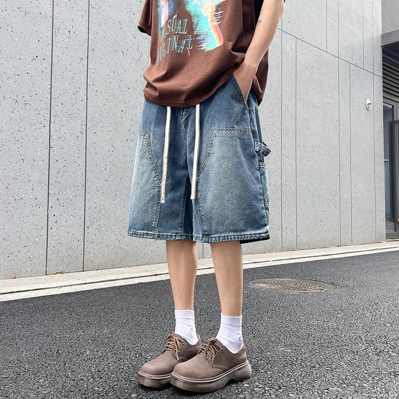 Mens loose straight leg elastic waist mid length washed denim jeans shorts 250402