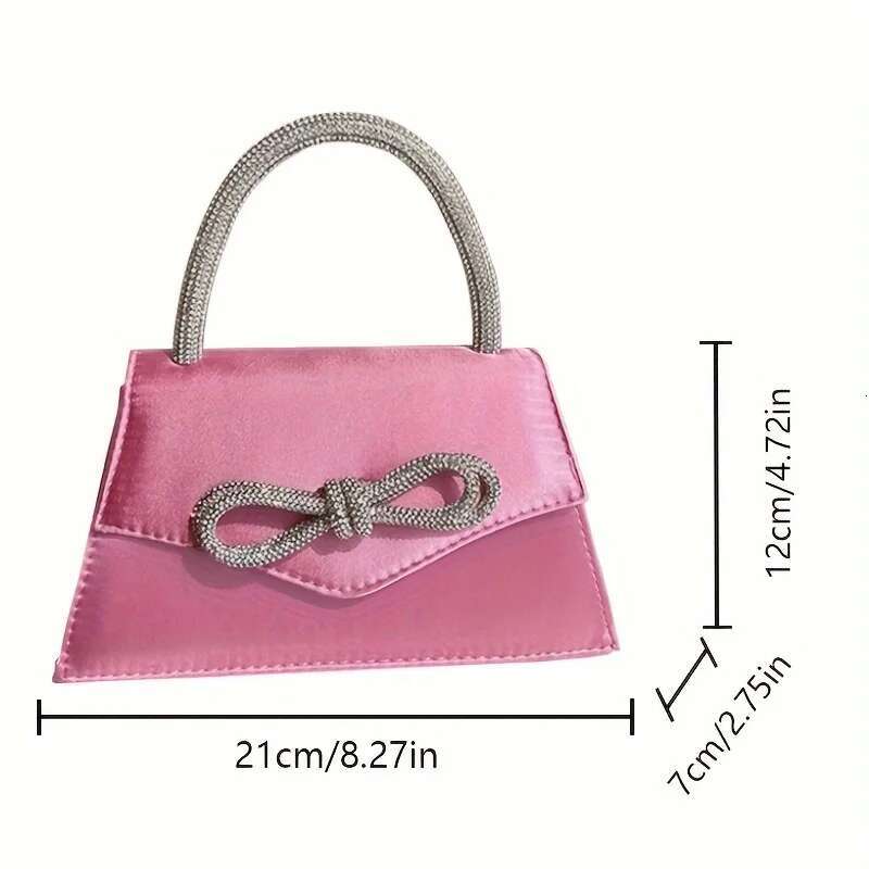 Chic Satin Evening Party Clutch Women's Elegant Shoulder Mini Square Bag, Glittering Rhie Bow Decor Prom Purse